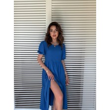 Mira Cotton Kadın Kısa Kollu Yakası Açık Katlı Bürümcük Balon Elbise