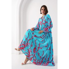 Gökyüzü Moda 2423 Otantik Desenli Tesettür Elbise - Buz Mavi