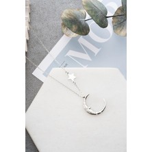 925 Ayar Gümüş Rodyum Kaplama Yıldız Detaylı Ay Dede Hilal Kolye