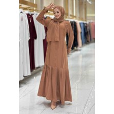 Bym Fashion Pilise Detay Elbise ŞAL HEDİYE   6039 Taba