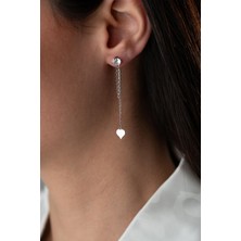 925 Ayar Gümüş Rodyum Kaplama 5 mm Tektaş Sallantılı Zincir Sade Kalp Model Küpe