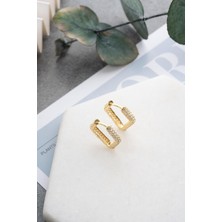925 Ayar Gümüş Gold Kaplama Zirkon Taşlı Kübik Tasarım Küpe