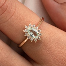 Fasek Gold Gümüş Yüzük - 1.05 Karat Green Topaz 0.30 Karat Swarovski Taşlı Vintage Tasarım 925 Ayar Gümüş Yüzük