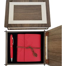 Özel Ahşap Kutulu Kırmızı Deri Defter ve Kalem Set - 1OL2314-8847