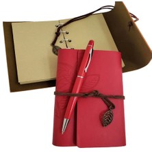 Özel Ahşap Kutulu Kırmızı Deri Defter ve Kalem Set - 1OL2314-8847
