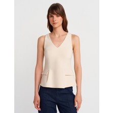 60584 Yakalı Kolsuz Top-Ekru