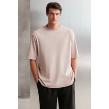 Grimelange Joel Erkek %100 Organik Pamuklu Kalın Kumaşlı Özel Dokulu Etiket Detaylı Oversize Pembe T-shirt