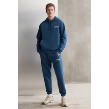 Grimelange Martel Erkek Yumuşacık Içi Polarlı Baskılı Regular Kordonlu Mavi Sweatshirt