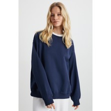 Grimelange Karıus Kadın Organik Pamuklu Içi Polarlı Oversize Yuvarlak Yakalı Lacivert Sweatshirt