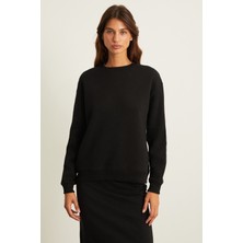 Grimelange VİLİ Kadın İçi Polarlı Oversize Fit Basic Bisiklet Yaka Uzun Kollu Siyah Sweatshirt