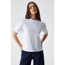 Grimelange REMSOS Kadın Oversize Bisiklet Yaka Kısa Kol Beyaz T-Shirt