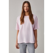 Grimelange LAGERTHA Kadın %100 organik Pamuklu Kalın Dokulu Oversize Fit Yuvarlak Yakalı Açık Pembe T-Shirt