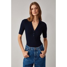 Grimelange Lokkıser Kadın Düğmeli Apaj Yaka Kısa Kol Lacivert Bluz