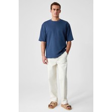 Grimelange Solo Erkek  Organik Pamuklu Kalın Dokulu Comfort Fit Bisiklet Yakalı Navy T-Shirt