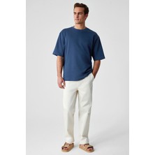 Grimelange Solo Erkek  Organik Pamuklu Kalın Dokulu Comfort Fit Bisiklet Yakalı Navy T-Shirt
