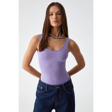 Grimelange Chıles Kadın Slim Yuvarlak Yaka Kolsuz Çıtçıtlı Mor Bluz