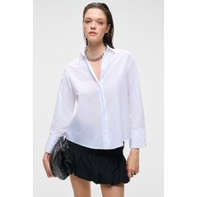 Grimelange VARAZDIN Kadın Oversize Uzun Kollu %100 Pamuk Gömlek Yaka Uzun İnce Beyaz Gömlek