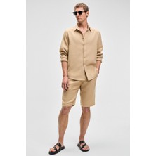Grimelange Jens Erkek %100 Pamuk Müslin Kumaş Yanları Cepli Slim Fit Dar Kesim Bej Şort