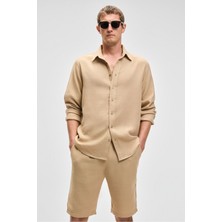 Grimelange Raımo Erkek %100 Pamuklu Müslin Kumaş Manşetli Uzun Kol Comfort Fit Bej Gömlek