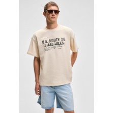 Grimelange VYRO Erkek Baskı Detaylı %100 Organik Pamuk Bisiklet Yaka Oversize Vanilya T-Shirt