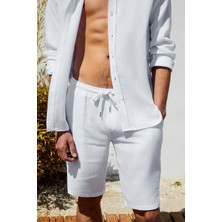 Grimelange Jens Erkek %100 Pamuk Müslin Kumaş Yanları Cepli Slim Fit Dar Kesim Beyaz Şort