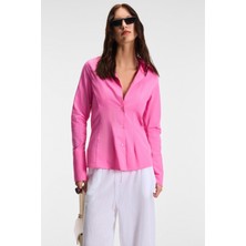 Grimelange PAPILUS Kadın Regular %100 Organik Pamuk İnce Uzun Gömlek Yaka Uzun Kollu Pembe Gömlek