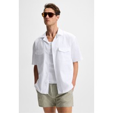 Grimelange TERO Erkek %100 Pamuk Apaj Yaka Kısa Kollu Flamlı Oxford Comfort Fit Hawaii Beyaz Gömlek