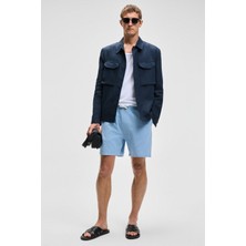 Grimelange LEYTON Erkek Relaxed Fit Çift Cepli Beli Lastikli Keten Karışımlı Dokuma Mavi Şort & Bermuda