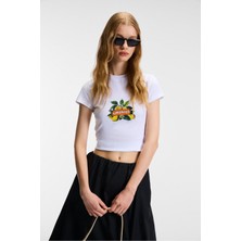 Grimelange TESSIRA Kadın %100 Pamuk Bisiklet Yaka Baskılı Slim Fit Beyaz T-Shirt