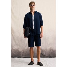 Grimelange Jens Erkek %100 Pamuk Müslin Kumaş Yanları Cepli Slim Fit Dar Kesim Lacivert Şort