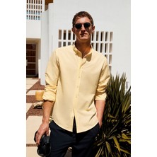 Grimelange Perttu Erkek %100 Pamuk Slim Fit Dar Kesim Düğmeli Yaka Keten Görünümlü Flamlı Sarı Gömlek