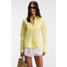 Grimelange PAPILUS Kadın Regular %100 Organik Pamuk İnce Uzun Gömlek Yaka Uzun Kollu Sarı Gömlek
