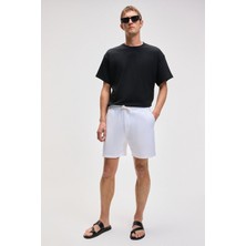 Grimelange LEYTON Erkek Relaxed Fit Çift Cepli Beli Lastikli Keten Karışımlı Dokuma Beyaz Şort & Bermuda