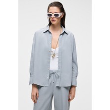 Grimelange VESTA Kadın %100 Pamuk Keten Görünümlü Flamlı Oversize Gri Gömlek