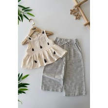 Miniğimin Cicileri Müslin Işlemeli Arka Düğme Detaylı Kız çocuk Takım - Krem