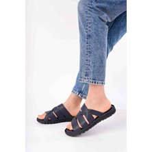 Erkek Hakiki Deri Lacivert Comfort Taban Rahat Terlik