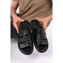 Erkek Hakiki Deri Siyah Comfort Taban Rahat Terlik