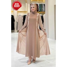 Büyük Beden Düğme Detaylı Elbise 3919-1 Vizon