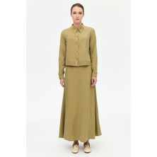 Keten Tencel Büzgü Detaylı Etekli Takım  Haki