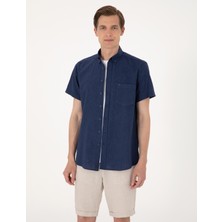 Pierre Cardin Erkek Lacivert Keten Karışımlı Regular Fit Kısa Kollu Gömlek 50303287-VR033