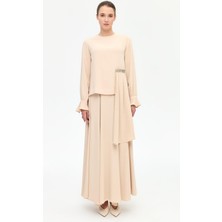 Belde Şal ve Taş Detaylı Etekli Takım  Bej