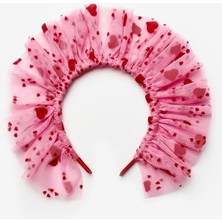 Pembe  Flok Kalp Baskılı Kız Çocuk Tül Taç