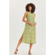 Yan Yırtmaçlı Etnik Desenli Midi Bohem Elbise Yeşil