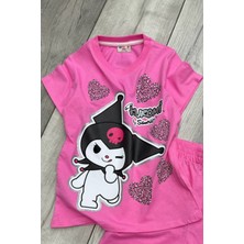 Kuromi Baskılı Kız Çocuk Kuromi Maskeli Tişört ve Şort Pembe Takım