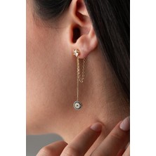 925 Ayar Gümüş Gold Kaplama 5 mm Tektaş Sallantılı Zincir Nazar Küpe