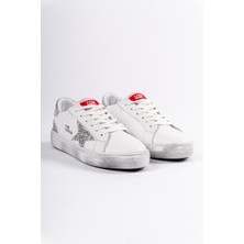 Hakiki Deri Yıldız ve Taş Detaylı Eskitmeli Beyaz Kadın Sneaker Kirli Detaylı Günlük Spor Ayakkabı