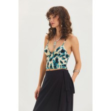 Desenli V Yaka Askılı Crop Top Mavi