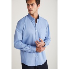 Grimelange Peres Erkek Dokuma %100 Pamuk Kalın Dokulu Cepli Slim Fit Mavi Gömlek