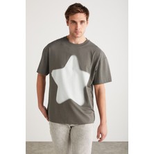 Grimelange ADAN Erkek %100 Pamuk Yıldız Baskılı Bisiklet Yaka Kısa Kollu Oversize Gri T-Shirt