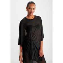 Grimelange Florızel Kadın %100 Polyester Kısa Kollu Ön Düğüm Detaylı Uzun Siyah Bluz